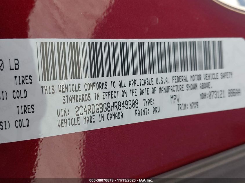 2017 Dodge Grand Caravan Se Plus VIN: 2C4RDGBG8HR849308 Lot: 38070879