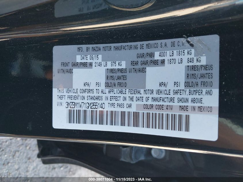 2016 Mazda Mazda3 I Touring VIN: 3MZBM1W71GM255140 Lot: 38071004