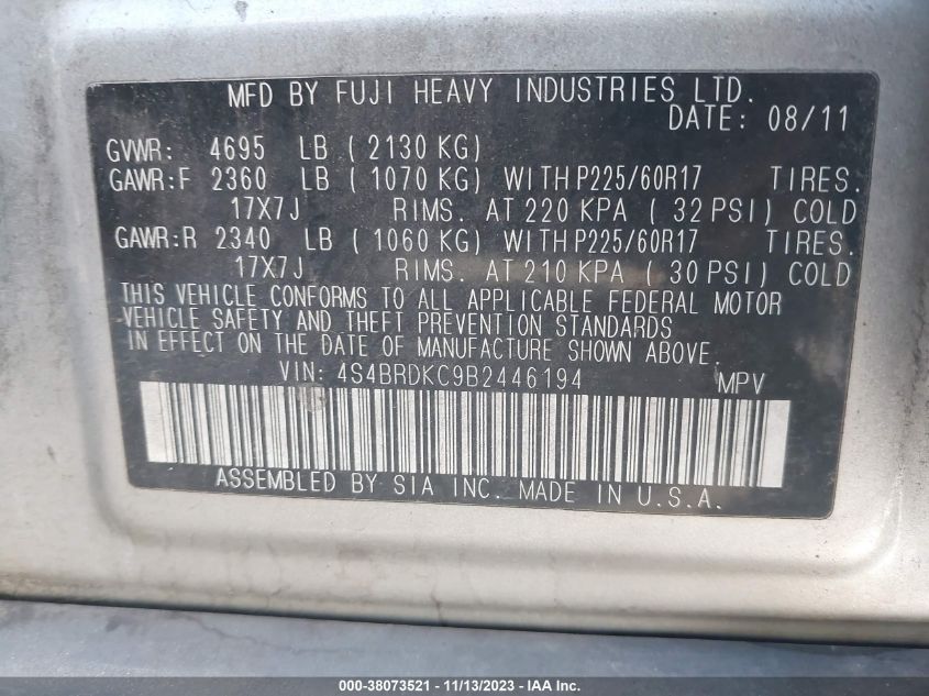 2011 Subaru Outback 3.6R Limited VIN: 4S4BRDKC9B2446194 Lot: 38073521