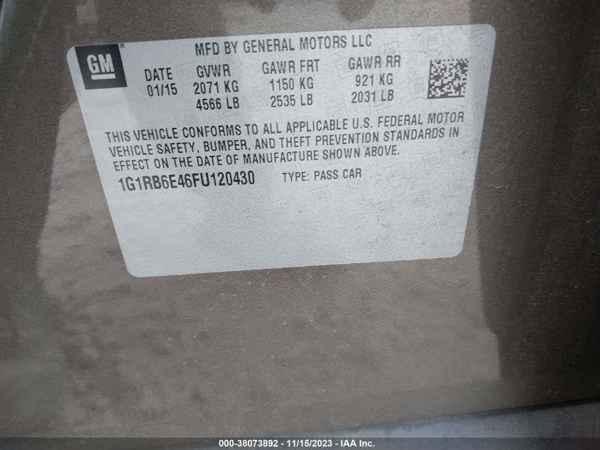 2015 Chevrolet Volt VIN: 1G1RB6E46FU120430 Lot: 38073892