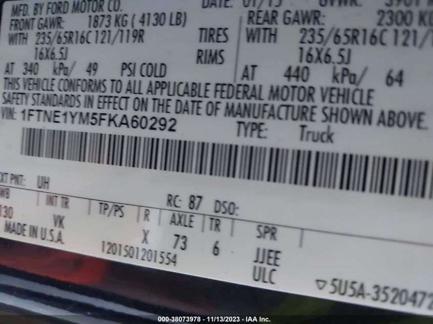 2015 Ford Transit Cargo Van VIN: 1FTNE1YM5FKA60292 Lot: 38073978