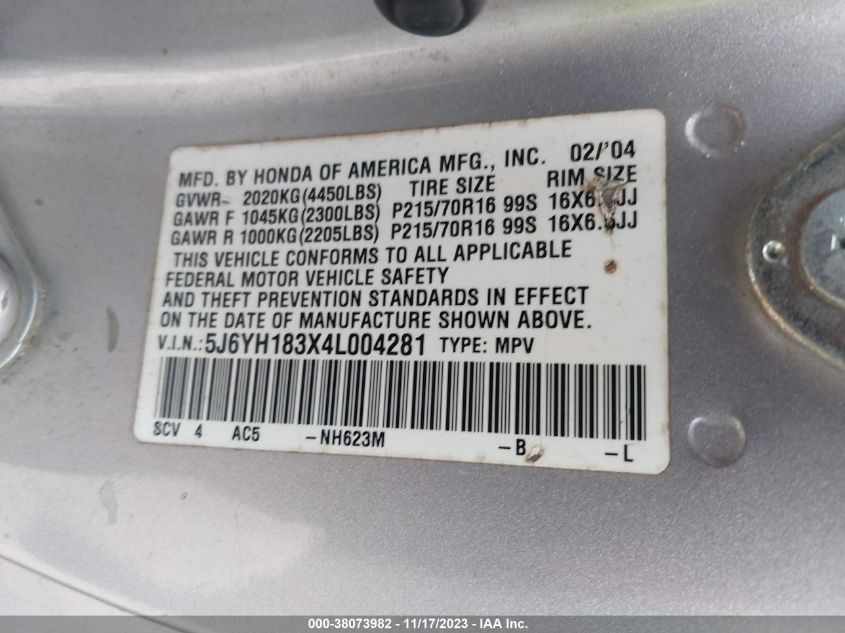 2004 Honda Element Lx VIN: 5J6YH183X4L004281 Lot: 38073982