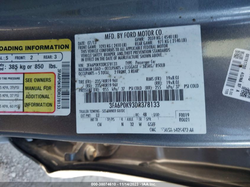 2013 Ford Fusion Titanium VIN: 3FA6P0K93DR378133 Lot: 38074610