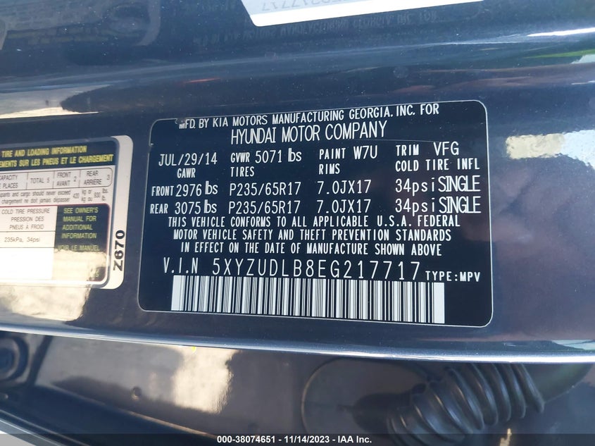 2014 Hyundai Santa Fe Sport 2.4L VIN: 5XYZUDLB8EG217717 Lot: 38074651