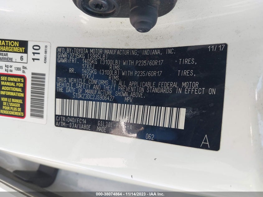 2018 Toyota Sienna Le 8 Passenger VIN: 5TDKZ3DC2JS906427 Lot: 38074864