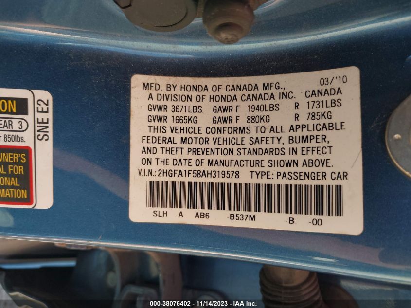 2010 Honda Civic Sdn Lx VIN: 2HGFA1F58AH319578 Lot: 38075402