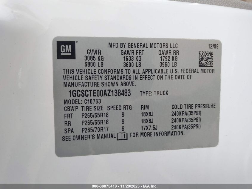 2010 Chevrolet Silverado 1500 Ltz VIN: 1GCSCTE00AZ138483 Lot: 38075419