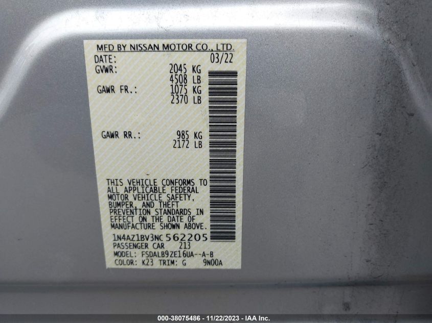 2022 Nissan Leaf S 40 Kwh VIN: 1N4AZ1BV3NC562205 Lot: 38075486