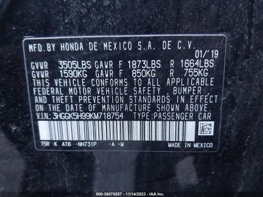 2019 Honda Fit Ex-L VIN: 3HGGK5H99KM718754 Lot: 38075557