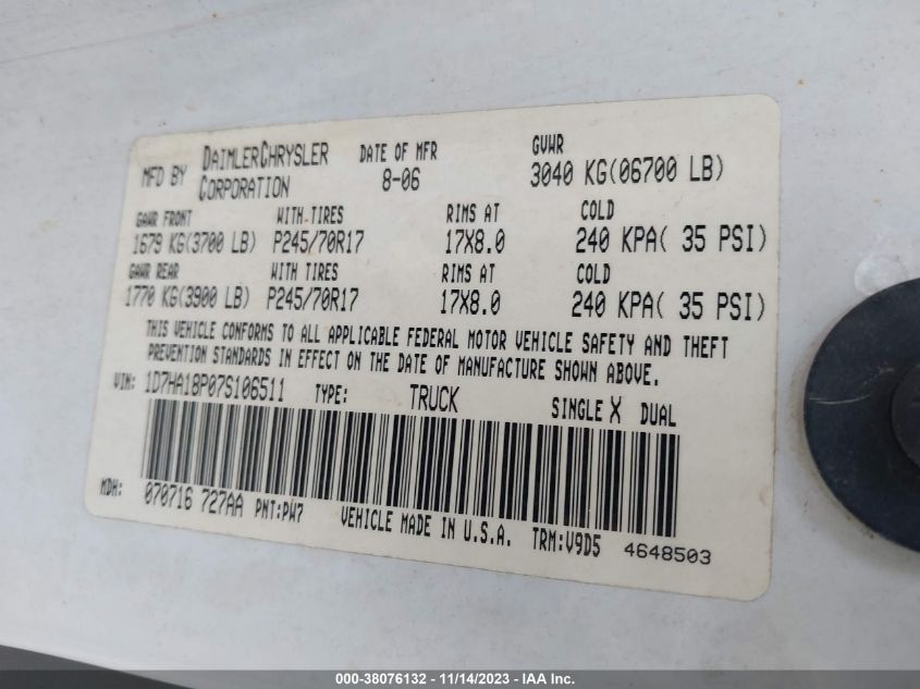 2007 Dodge Ram 1500 Slt VIN: 1D7HA18P07S106511 Lot: 38076132