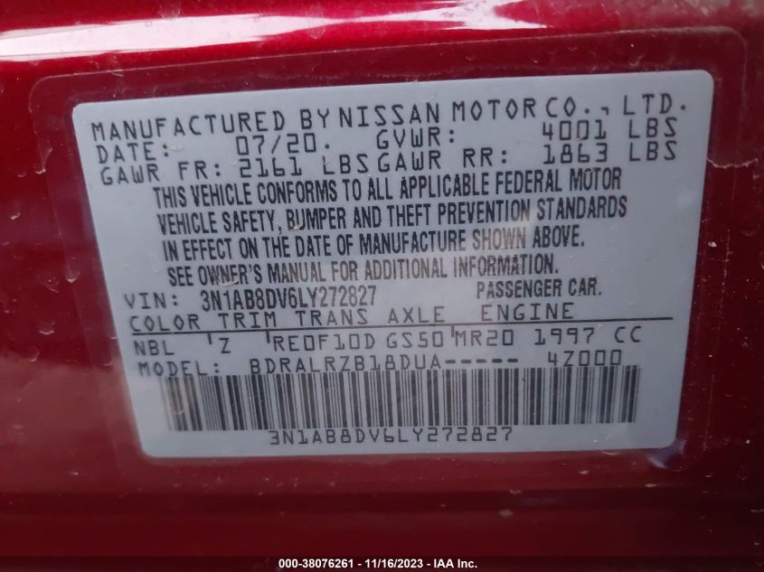 2020 Nissan Sentra Sr Xtronic Cvt VIN: 3N1AB8DV6LY272827 Lot: 38076261