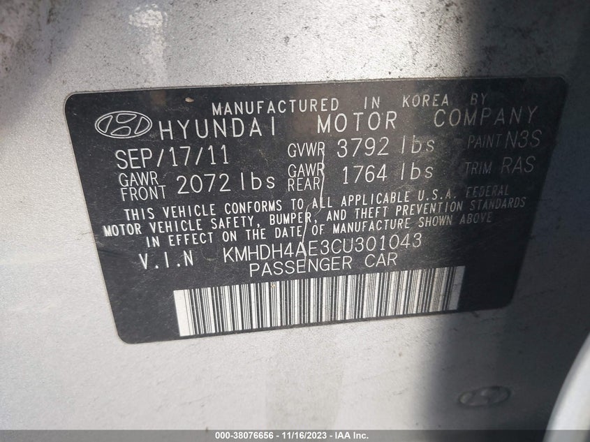 2012 Hyundai Elantra Gls (Ulsan Plant) VIN: KMHDH4AE3CU301043 Lot: 38076656