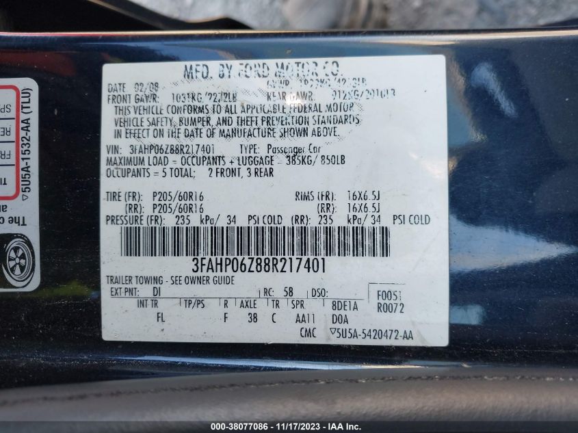 3FAHP06Z88R217401 2008 Ford Fusion S