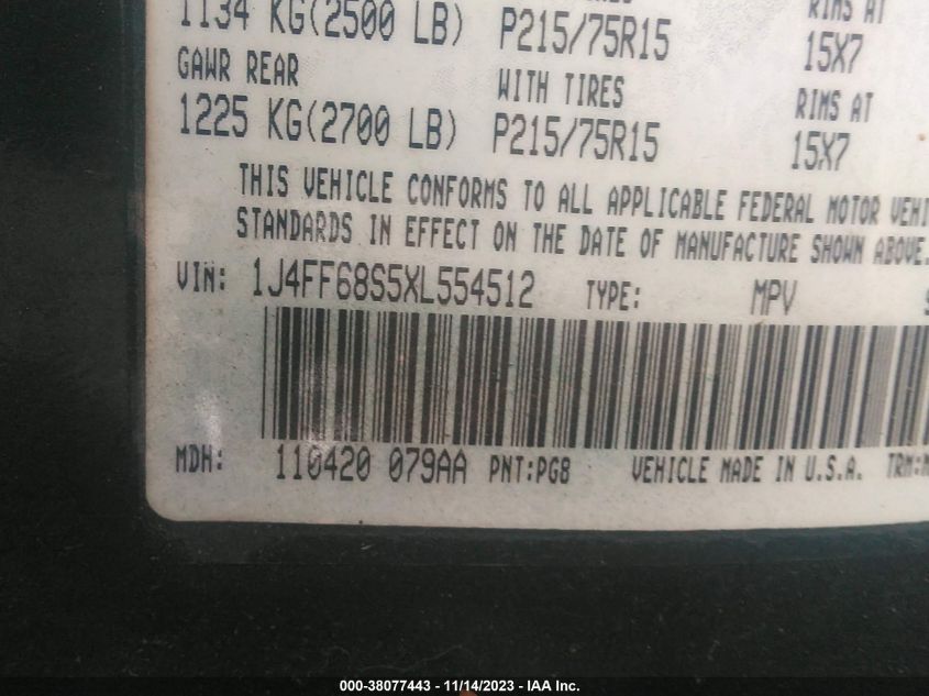 1999 Jeep Cherokee VIN: 1J4FF68F5XL554512 Lot: 38077443