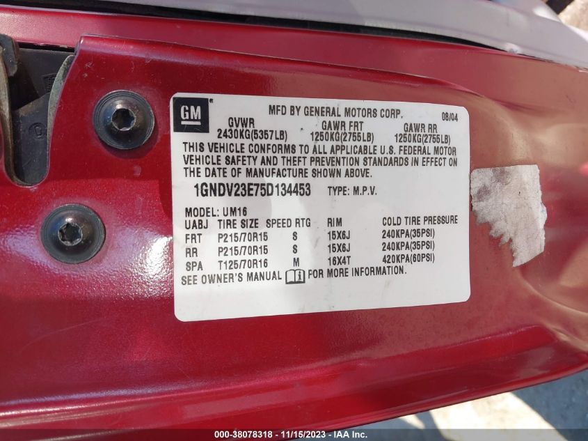 2005 Chevrolet Venture Ls VIN: 1GNDV23E75D134453 Lot: 38078318