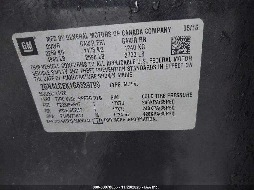 2016 Chevrolet Equinox Lt VIN: 2GNALCEK1G6339799 Lot: 38078655