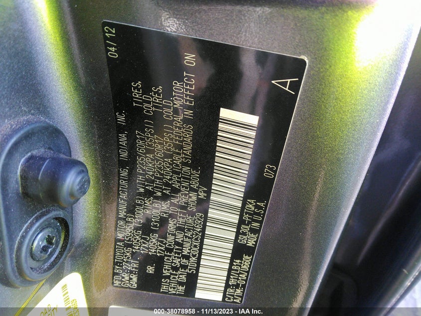 2012 Toyota Sienna Xle Aas/Xle/Ltd VIN: 5TDYK3DCXCS246929 Lot: 38078958