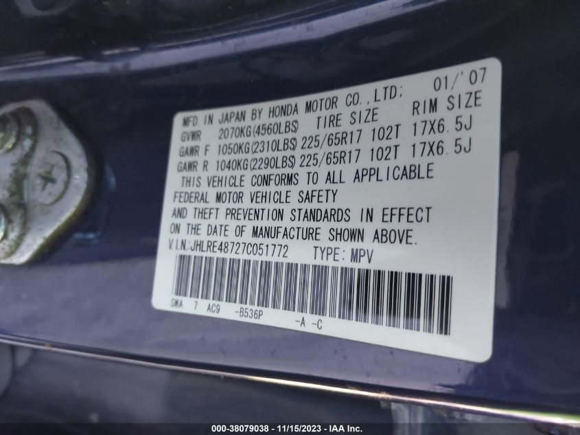 2007 Honda Cr-V Ex-L VIN: JHLRE48727C051772 Lot: 38079038