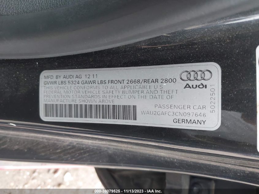 2012 Audi A7 Premium VIN: WAU2GAFC3CN097646 Lot: 38079525