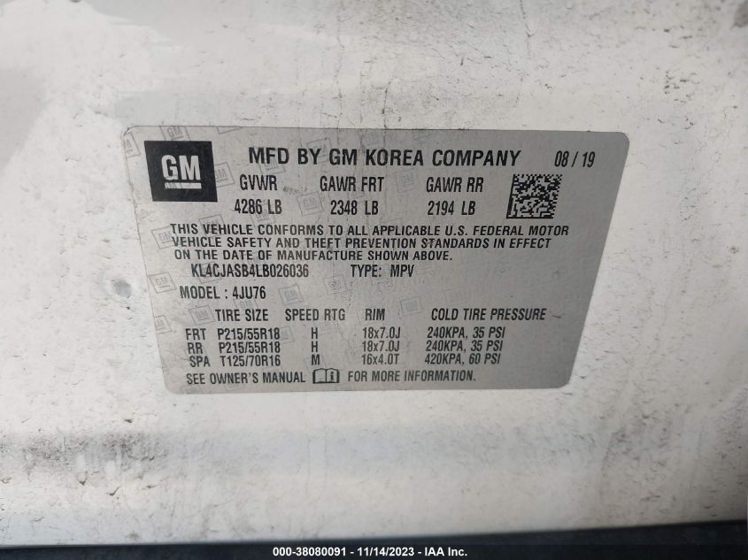 2020 Buick Encore Fwd Preferred VIN: KL4CJASB4LB026036 Lot: 38080091