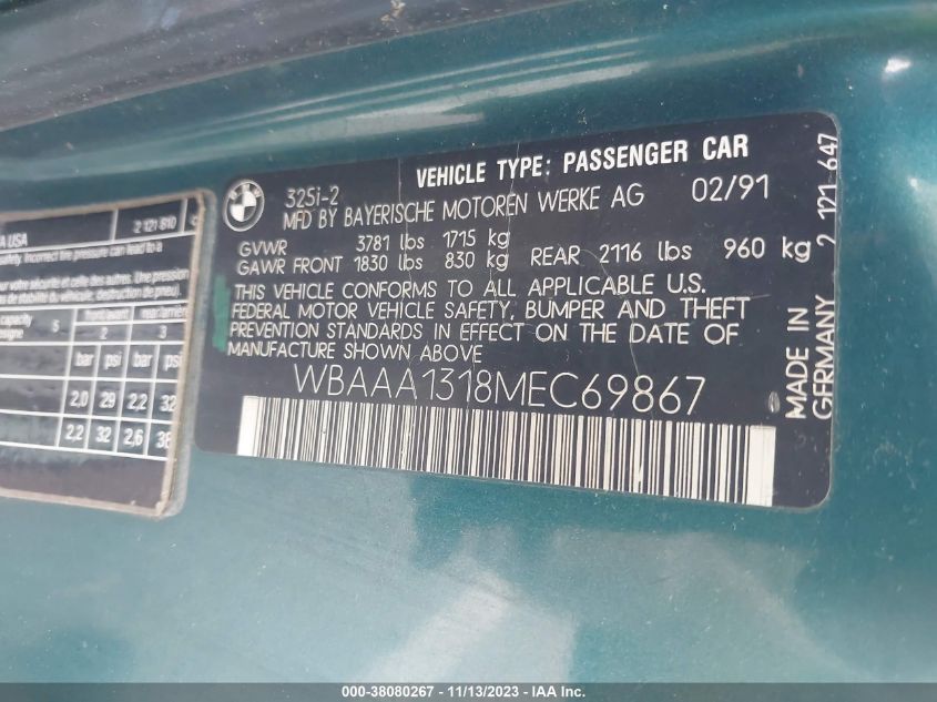 1991 BMW 325 I/Is VIN: WBAAA1318MEC69867 Lot: 38080267