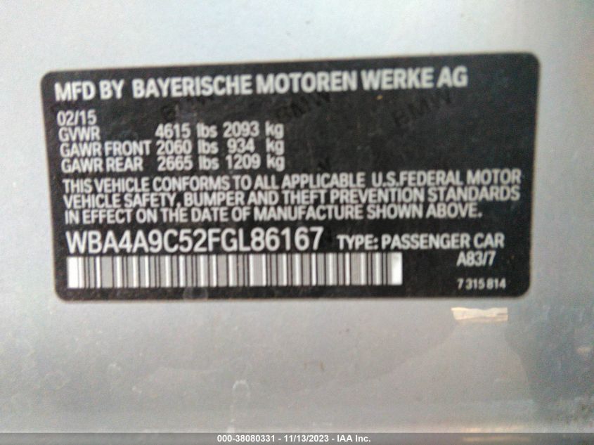 2015 BMW 4 Series 428I VIN: WBA4A9C52FGL86167 Lot: 38080331