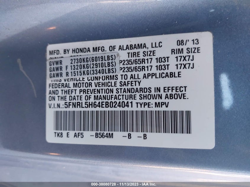 2014 Honda Odyssey Ex-L VIN: 5FNRL5H64EB024041 Lot: 38080728