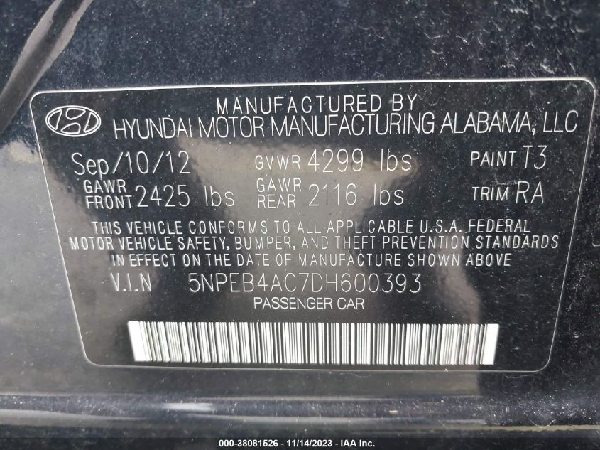 5NPEB4AC7DH600393 2013 Hyundai Sonata Gls