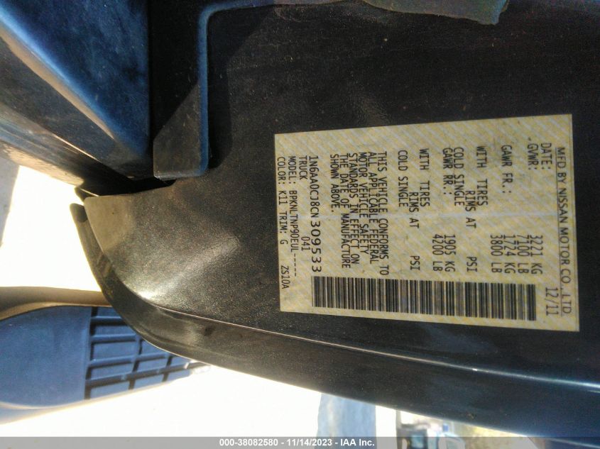 2012 Nissan Titan Sv VIN: 1N6AA0CJ8CN309533 Lot: 38082580