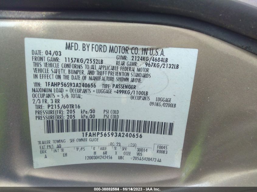 1FAHP56S93A240656 2003 Ford Taurus Sel