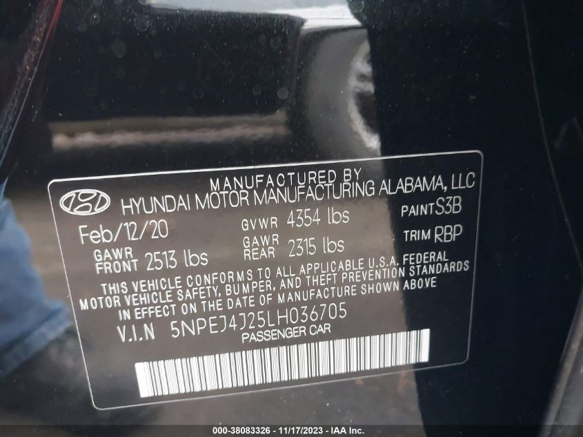 2020 Hyundai Sonata Sel Plus VIN: 5NPEJ4J25LH036705 Lot: 38083326