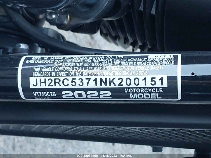 2022 Honda Vt750 C2B VIN: JH2RC5371NK200151 Lot: 38083609