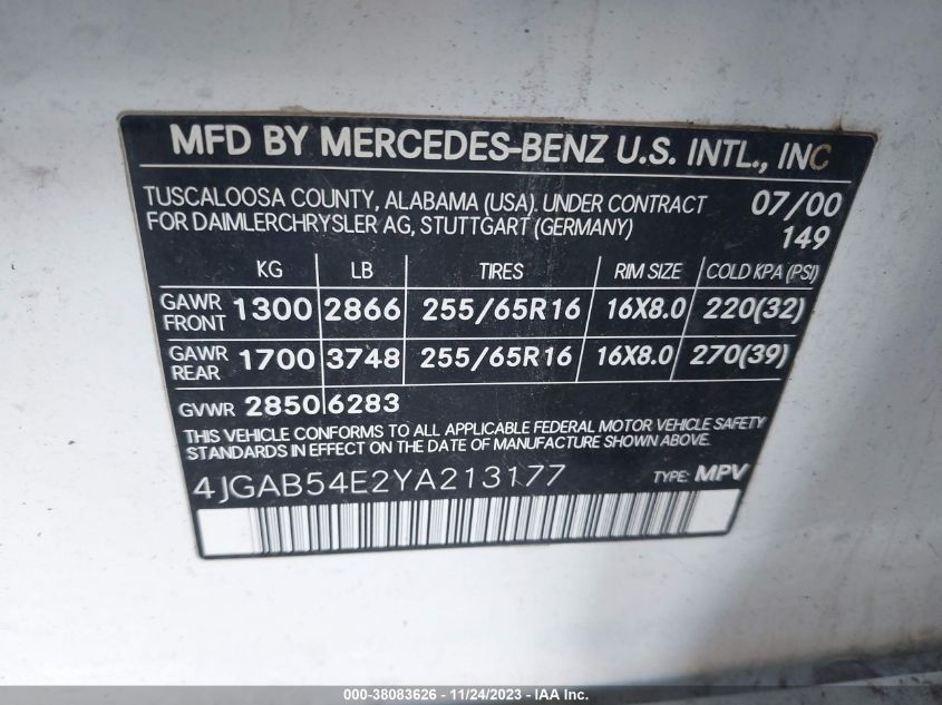 4JGAB54E2YA213177 2000 Mercedes-Benz Ml 320