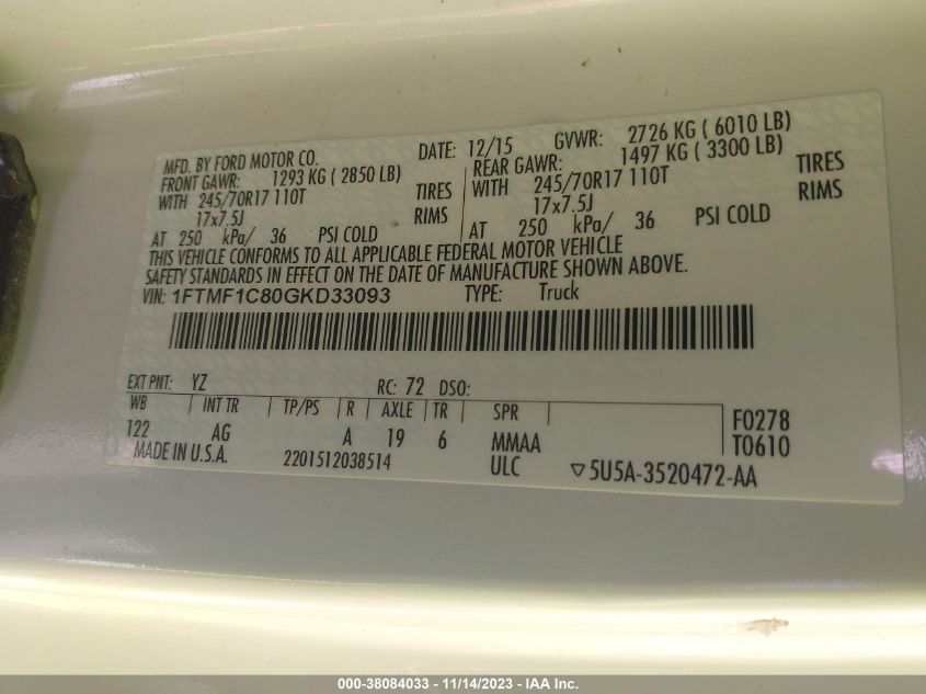 2016 Ford F-150 Xl VIN: 1FTMF1C80GKD33093 Lot: 38084033