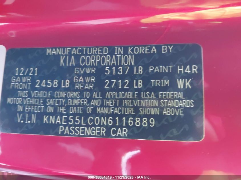 KNAE55LC0N6116889 2022 Kia Stinger Gt2