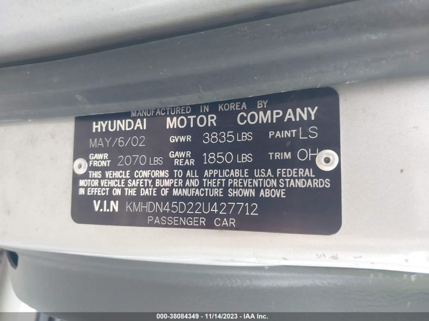 2002 Hyundai Elantra Gls VIN: KMHDN45D22U427712 Lot: 38084349