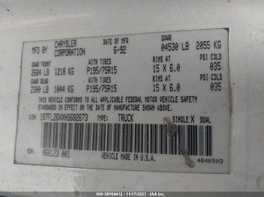 1992 Dodge Dakota VIN: 1B7FL26XXNS682673 Lot: 38084412