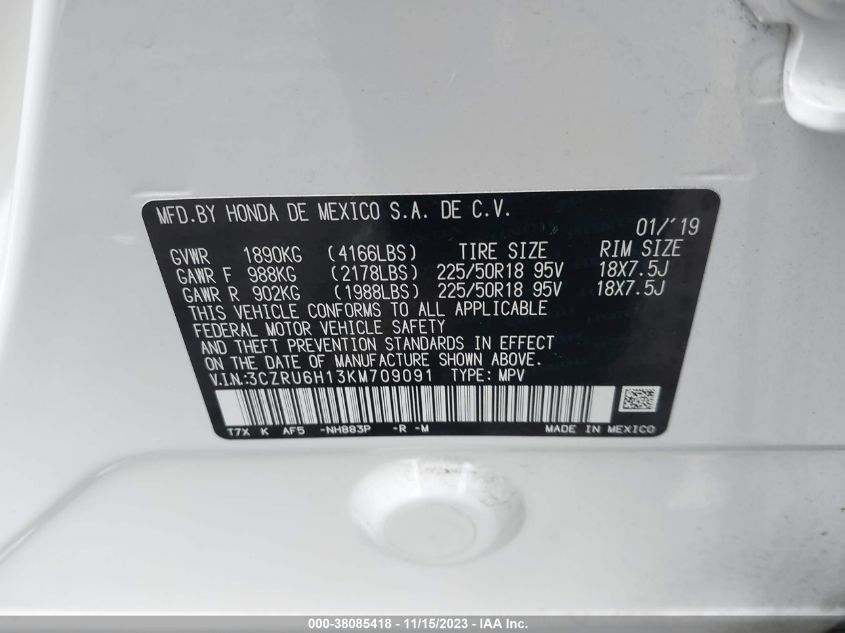 2019 Honda Hr-V Sport VIN: 3CZRU6H13KM709091 Lot: 38085418