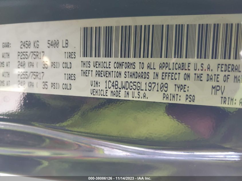 2016 Jeep Wrangler Unlimited Sport VIN: 1C4BJWDG5GL197109 Lot: 38086126