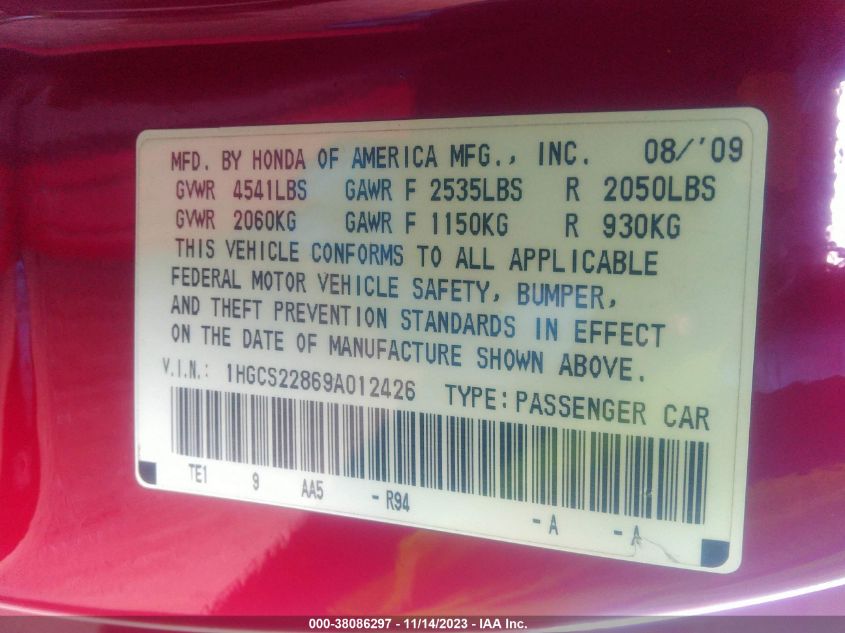 2009 Honda Accord 3.5 Ex-L VIN: 1HGCS22869A012426 Lot: 38086297
