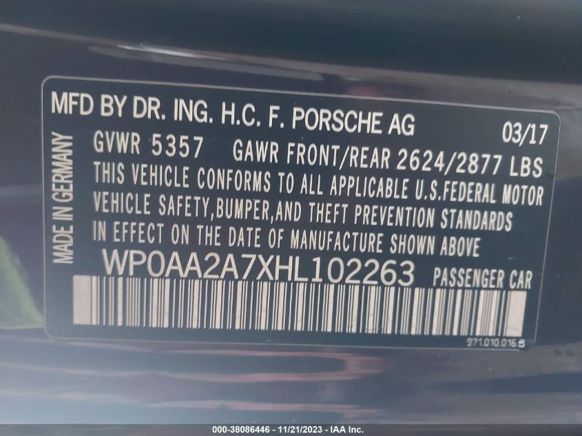 2017 Porsche Panamera VIN: WP0AA2A7XHL102263 Lot: 38086446