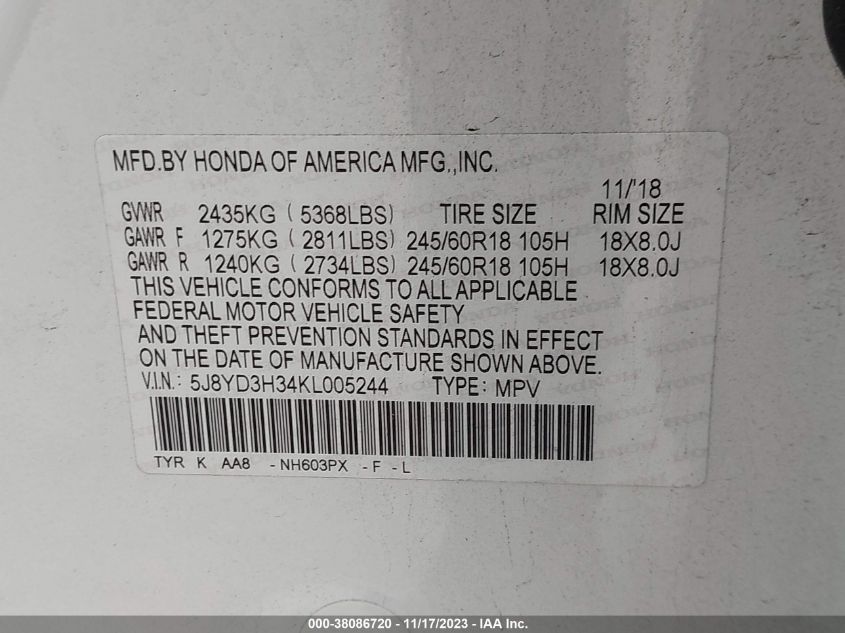 2019 Acura Mdx Standard VIN: 5J8YD3H34KL005244 Lot: 38086720