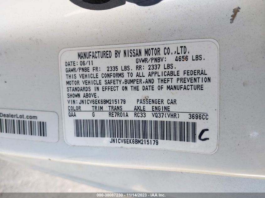 2011 Infiniti G37 Coupe Journey VIN: JN1CV6EK6BM215179 Lot: 38087230
