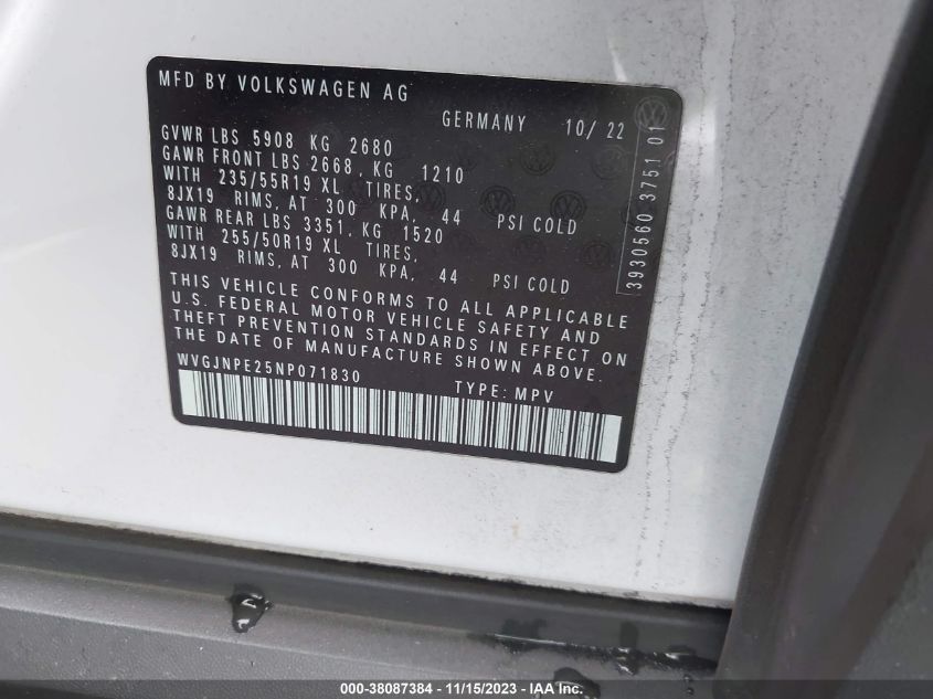 2022 Volkswagen Id.4 Awd Pro VIN: WVGJNPE25NP071830 Lot: 38087384
