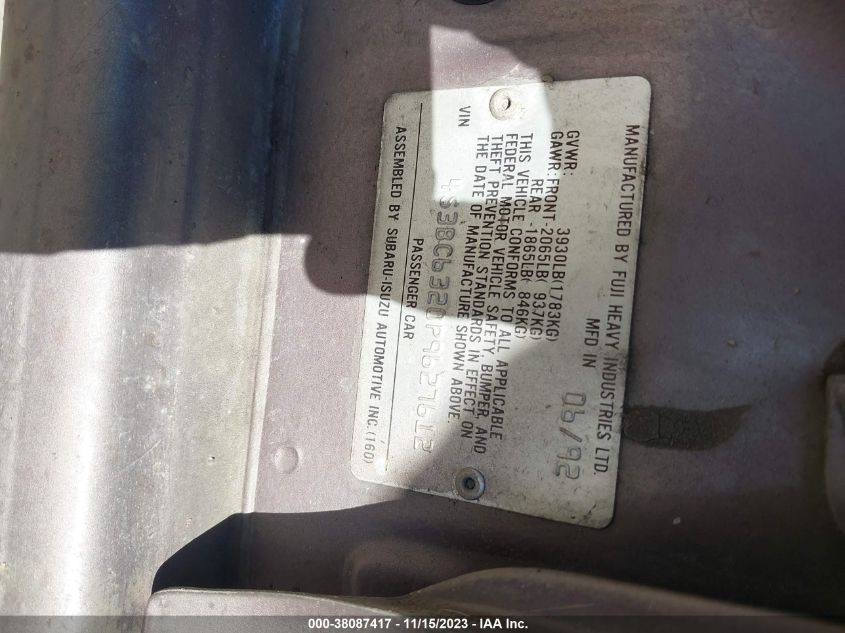 1993 Subaru Legacy L VIN: 4S3BC6320P9627612 Lot: 38087417