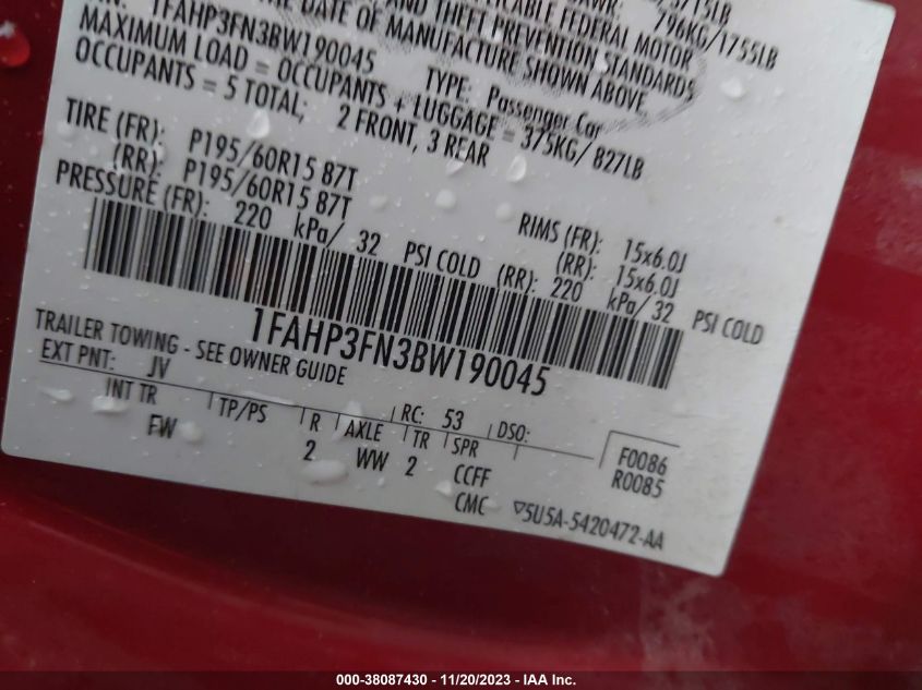 2011 Ford Focus Se VIN: 1FAHP3FN3BW190045 Lot: 38087430