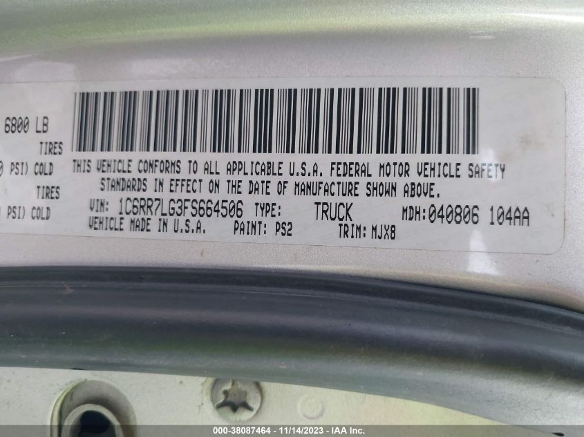 2015 Ram 1500 Slt VIN: 1C6RR7LG3FS664506 Lot: 38087464