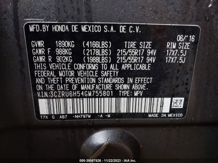 3CZRU6H54GM755801 2016 Honda Hr-V Ex