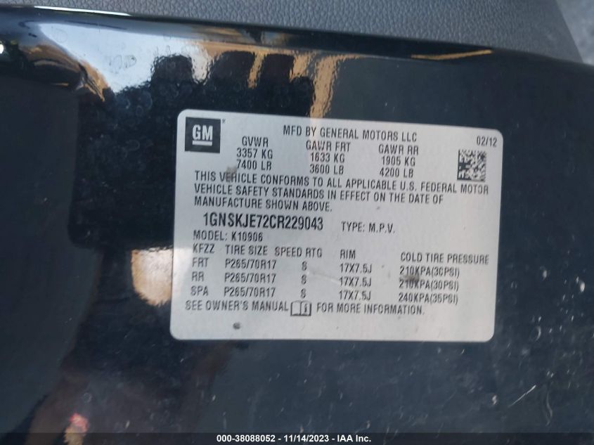 2012 Chevrolet Suburban K1500 Lt VIN: 1GNSKJE72CR229043 Lot: 38088052