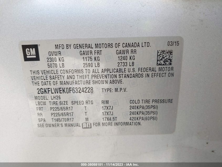 2015 GMC Terrain Sle VIN: 2GKFLWEK0F6324228 Lot: 38088101